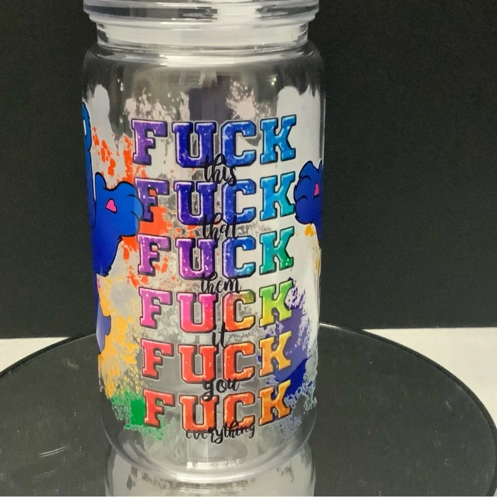 Sweary Care Bears 16oz Shatterproof Can Cup with Lid and Straw